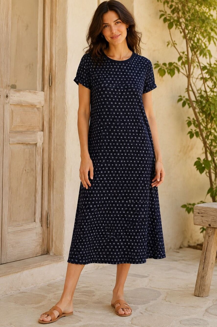 THE GREAT. Navy Ditsy Floral T-Shirt Midi Dress floral t shirt dress. Sz 0/XSm $